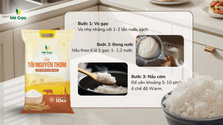 Cách đong nước nấu cơm gạo Tài Nguyên ngon
