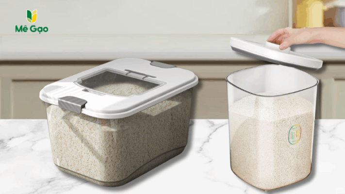 Sử dụng hũ thùng chuyên dụng đựng gạo Nếp Nam Lá Xanh